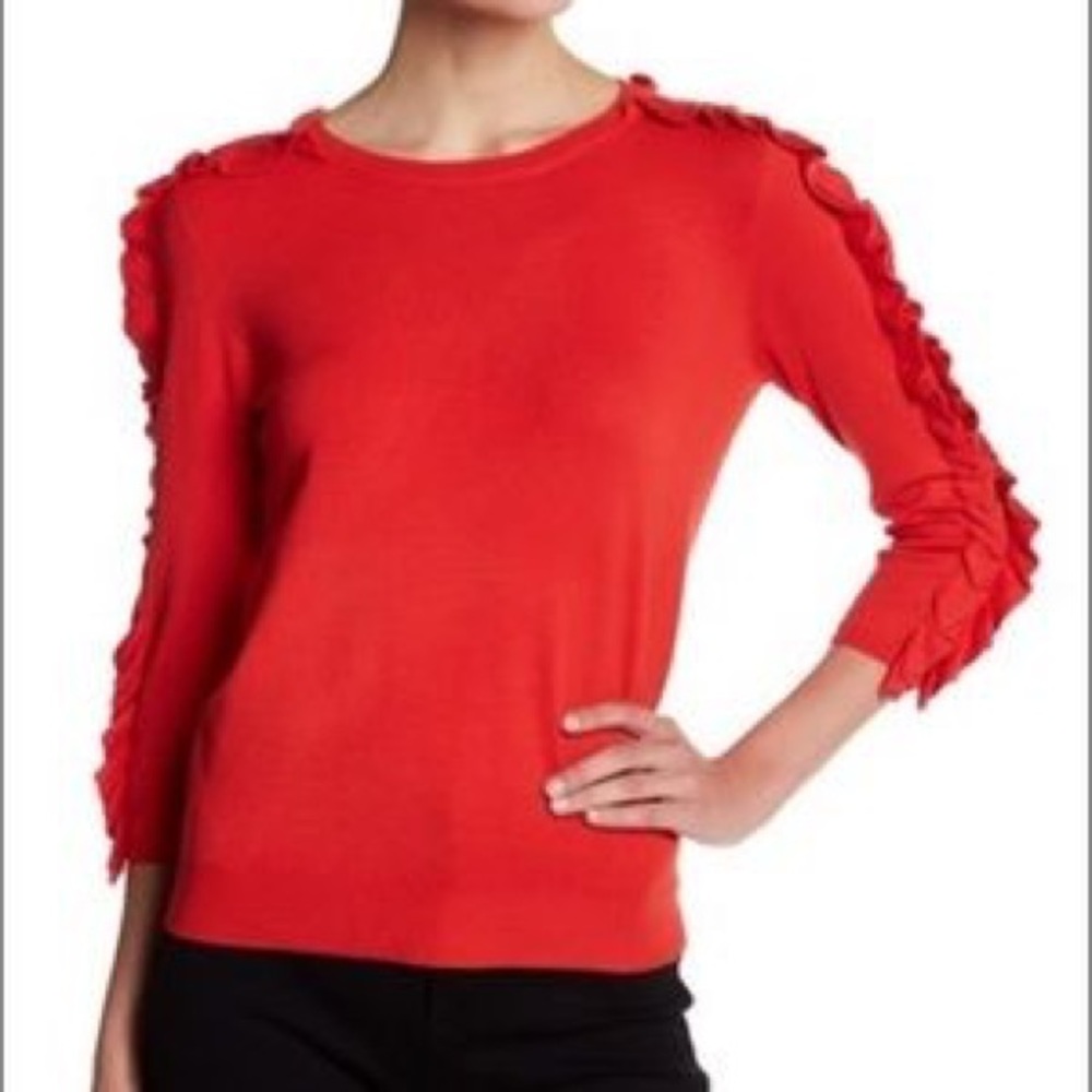 Philosophy red elbow sleeve sweater with ruffles